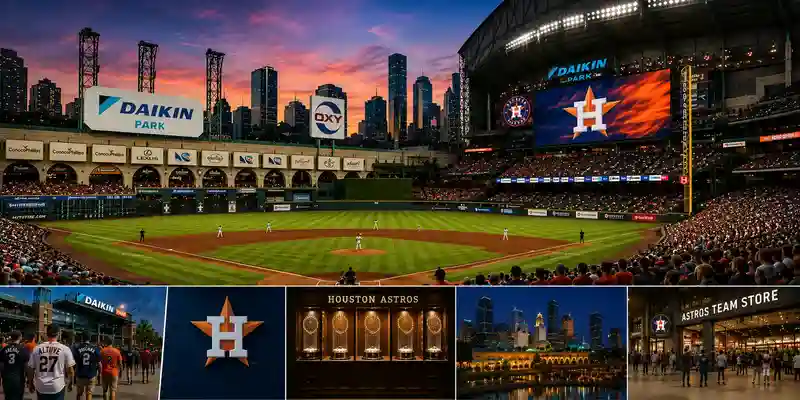 Panoramic view of Daikin Park during a Houston Astros game at sunset, featuring the illuminated stadium, downtown Houston skyline, Astros Team Store, championship display, fan entrance, and iconic Astros branding.